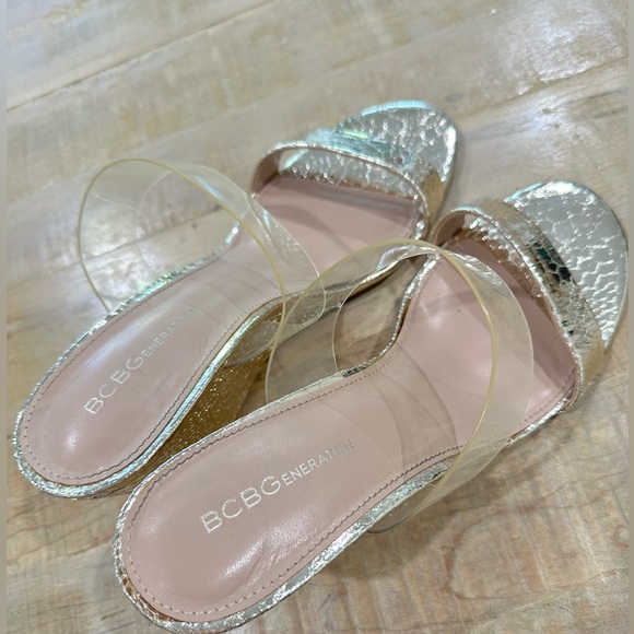 BCBGeneration gold metallic open toe wedge PATTI heels shoes slide sandal - Picture 5 of 16